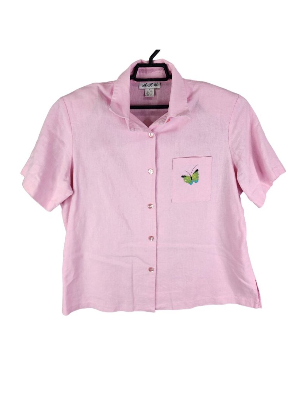 Womens A.K.C. Pink Butterfly Embroidered Button Up Linen Blend Shirt Size 1X